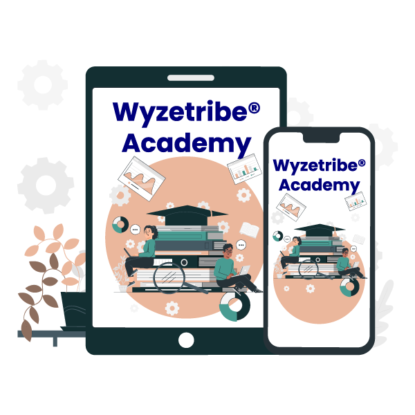 Mockup of WyzeTribe Academy app displayed on tablet and phone screens.